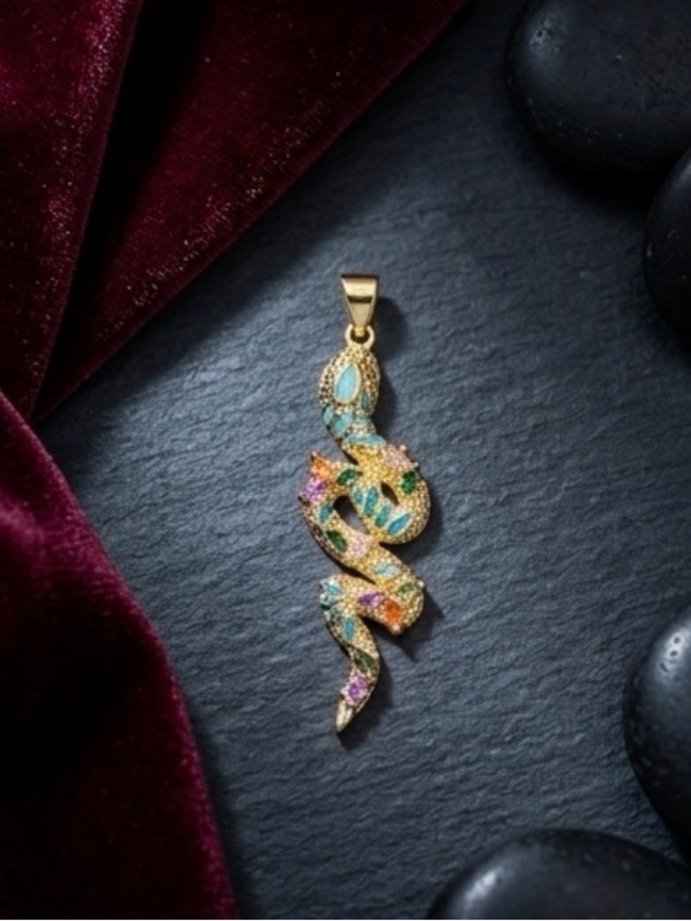 Gold Multicolor Snake Pendant Necklace - Women Jewelry